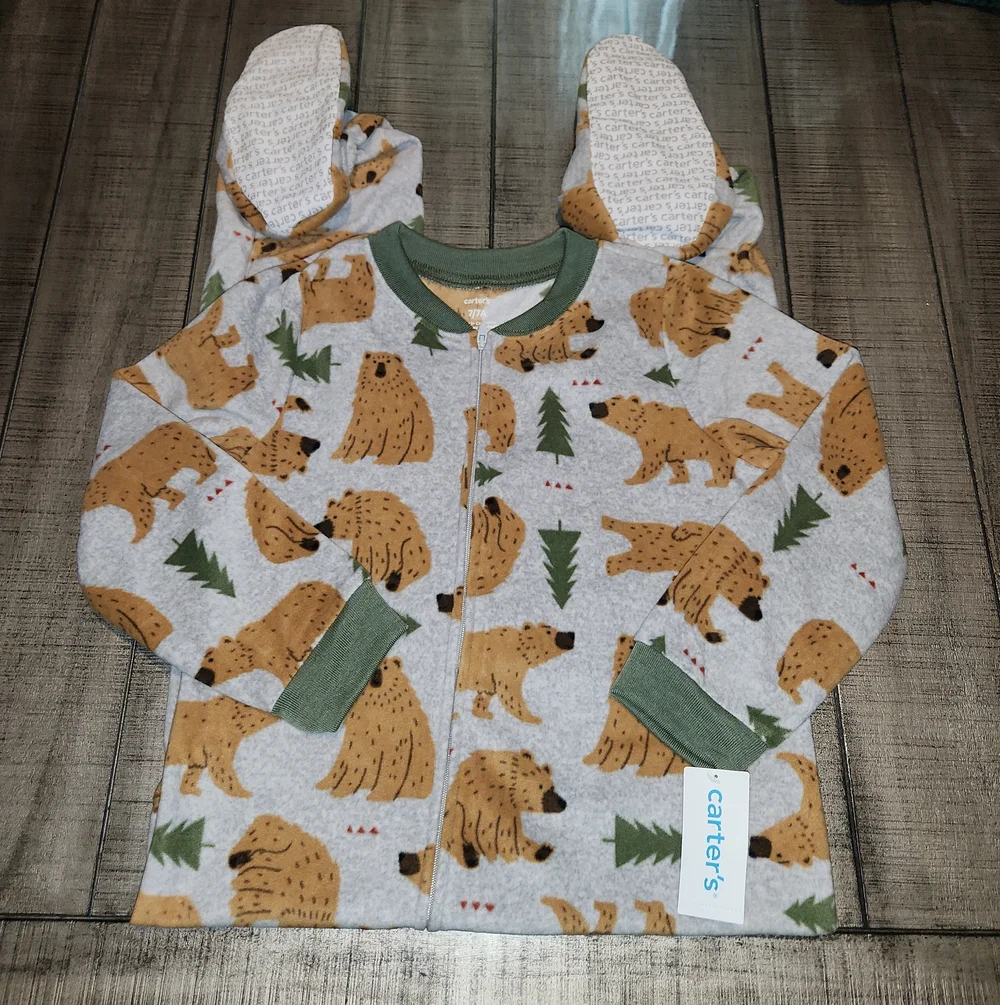 NWT Carter's Gray Fleece Baby Zip Hoodie with Brown Bear Print